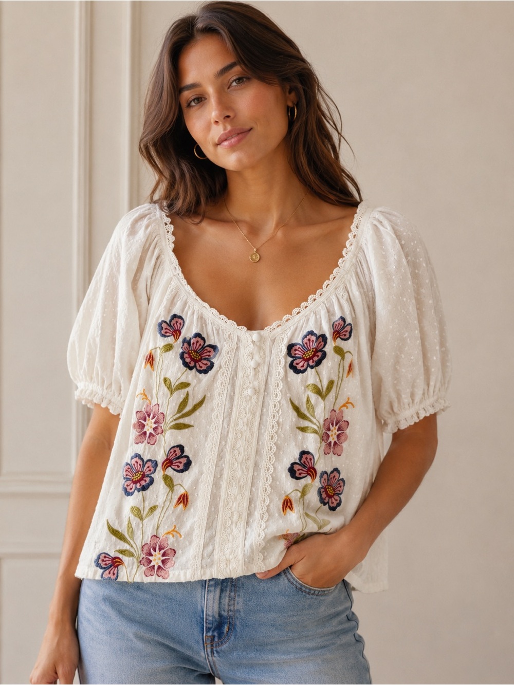 Anthropologie White Peasant Blouse with Pink and Navy Floral Embroidery